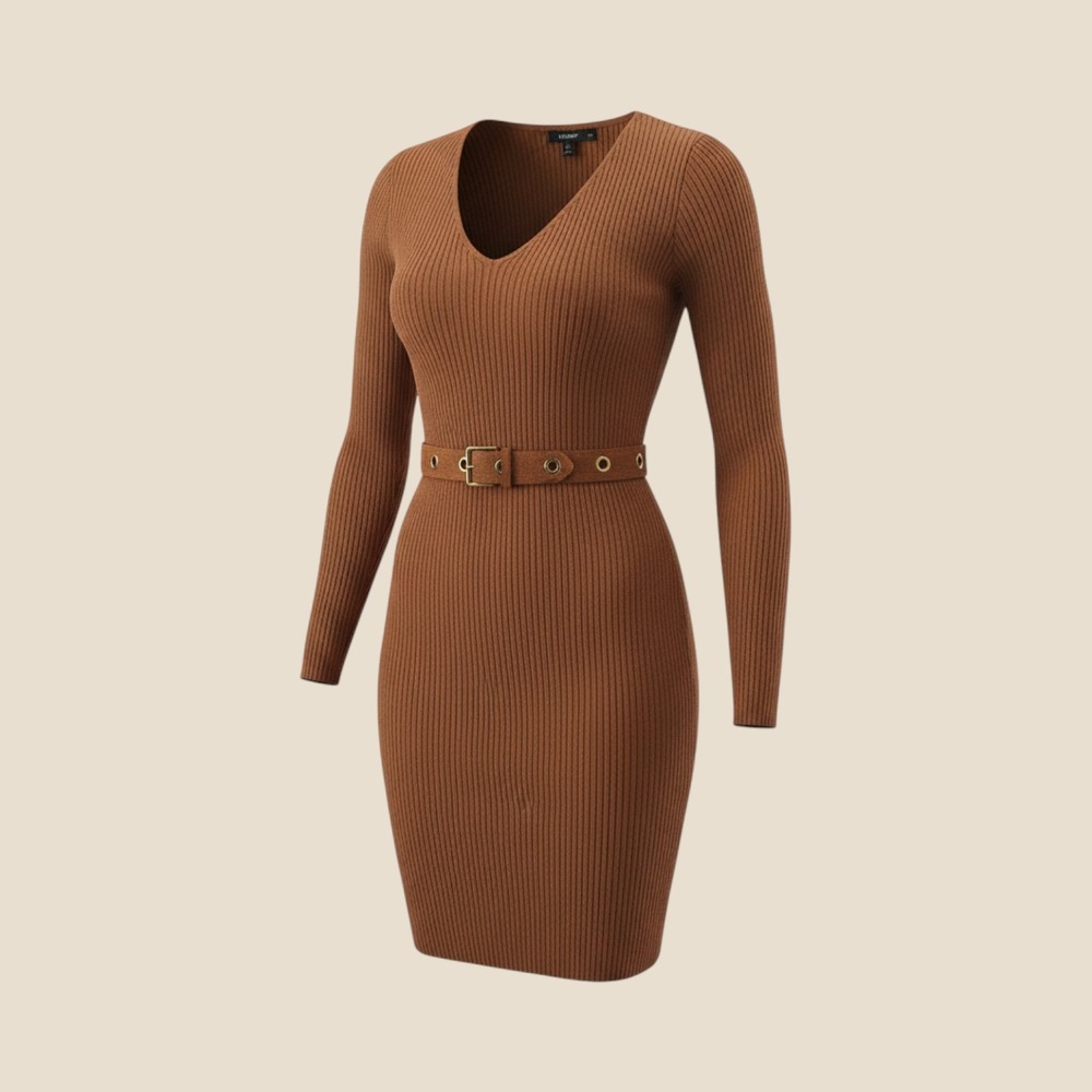 Windsor Sweater Dress Women M Tan NEW Ribbed V-Neck Belted Long Sleeve Bodycon